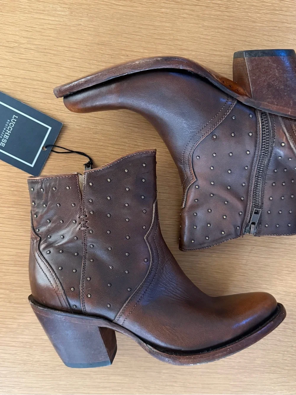 Lucchese Harley Cowhide Zippered Studded Round Toe Cowboy Booties - Picture 1 of 12
